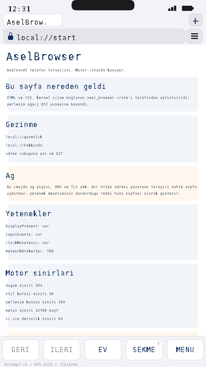 AselBrowser telefon ekranı: Başlangıç
